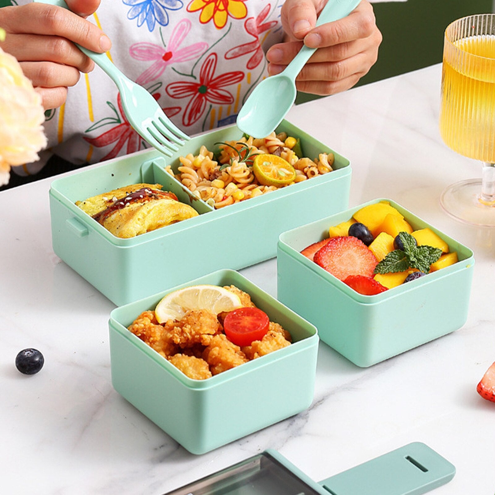 1400ML Compartment Lunch Box Plastic Double Layer Food Storage Containers Reusable Lunch Containers With Utensil for School Kids