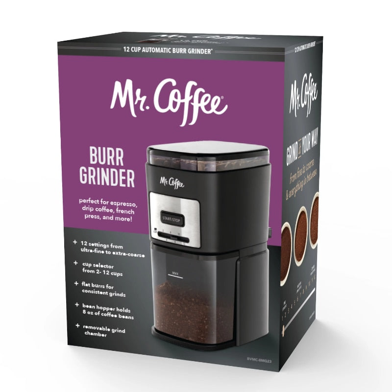 Mr. Coffee 12-Cup Automatic Burr Grinder Black Precision Grinding for all Coffee types in Black