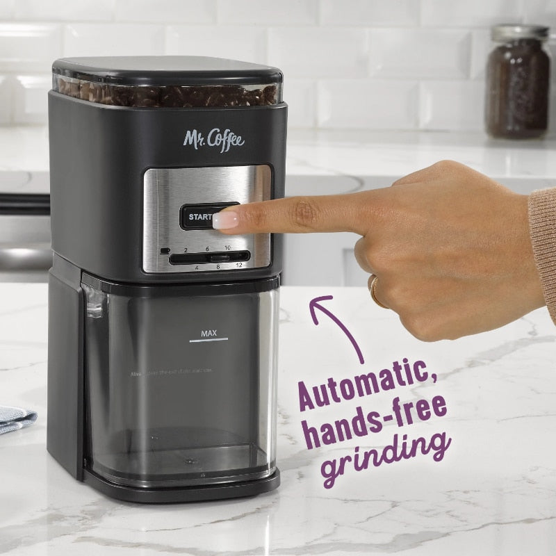 Mr. Coffee 12-Cup Automatic Burr Grinder Black Precision Grinding for all Coffee types in Black