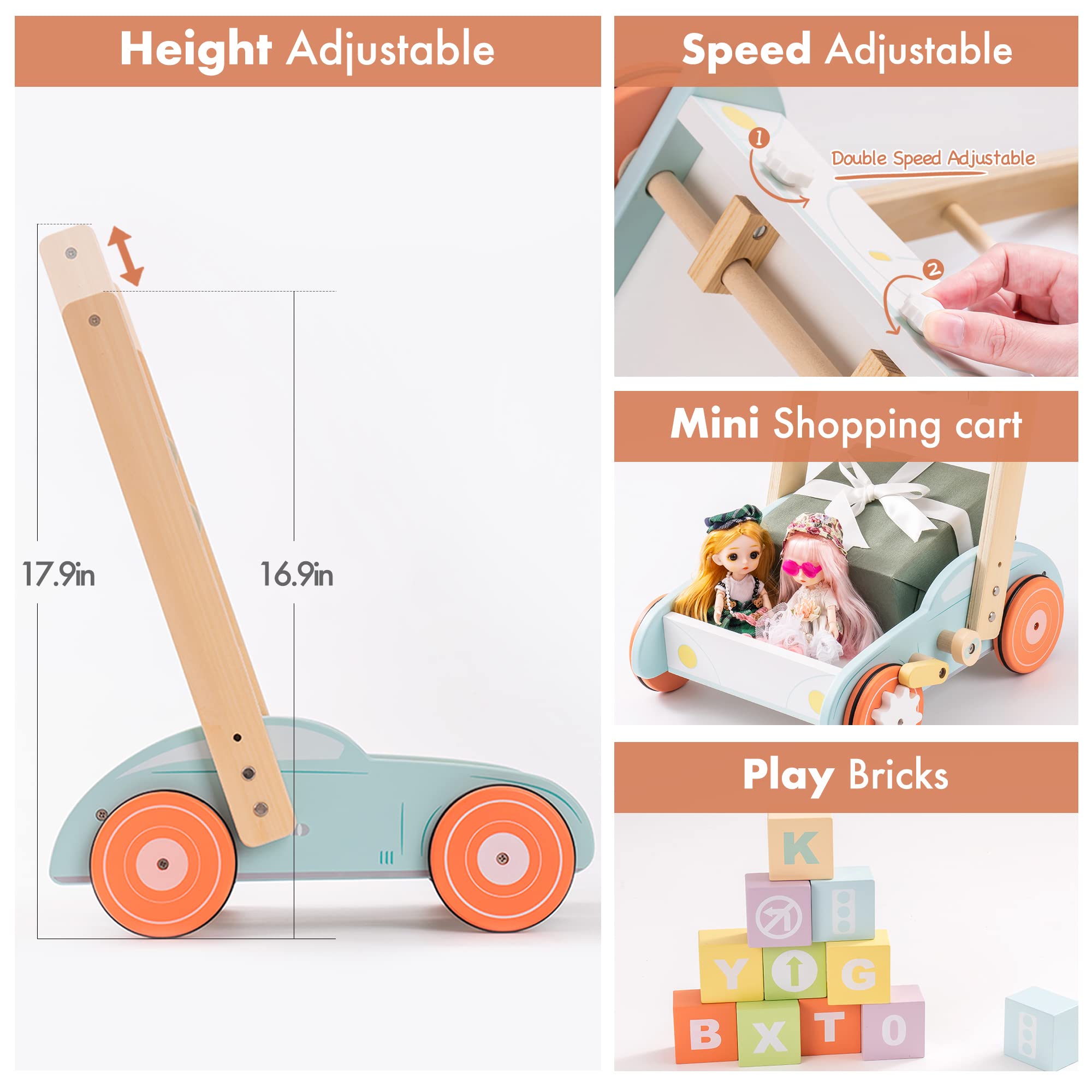 Robud Wooden Baby Walkers Push Toys for Baby Girls Boys 10 Month +, Adjustable Speed Push and Pull Learning Walker Activity Toys