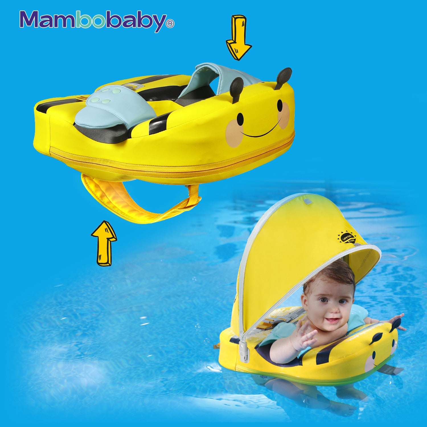 Baby Float With Crotch Strap & Inflation-free Solid Core Mambobaby Kid Swimming Ring Have Sunshade 0-7 Yeas Old Swim Pool Tube