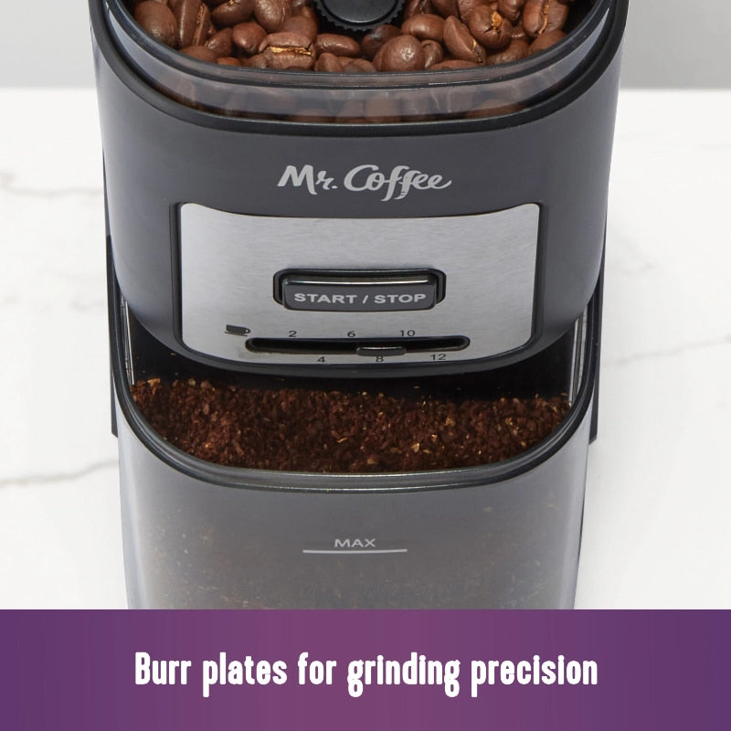 Mr. Coffee 12-Cup Automatic Burr Grinder Black Precision Grinding for all Coffee types in Black