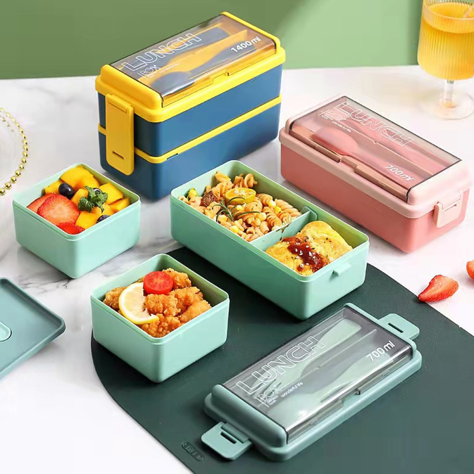 1400ML Compartment Lunch Box Plastic Double Layer Food Storage Containers Reusable Lunch Containers With Utensil for School Kids