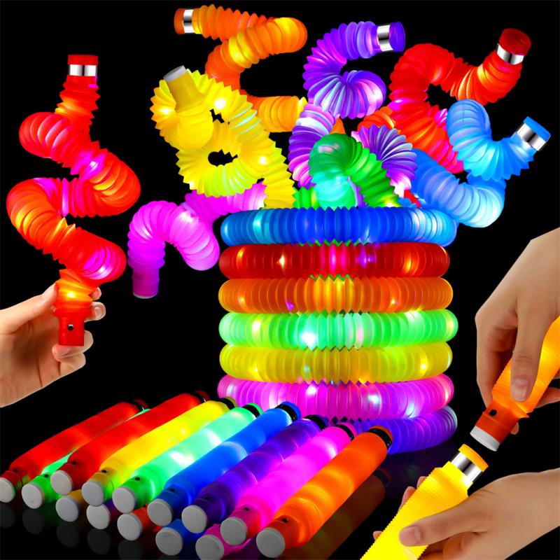 6/12Pcs Light Up Pop Tube Fidget Tube Sensory Toy LED Light Up Fidget Glow Sticks For Kids Party Favors Glow In The Dark Toys